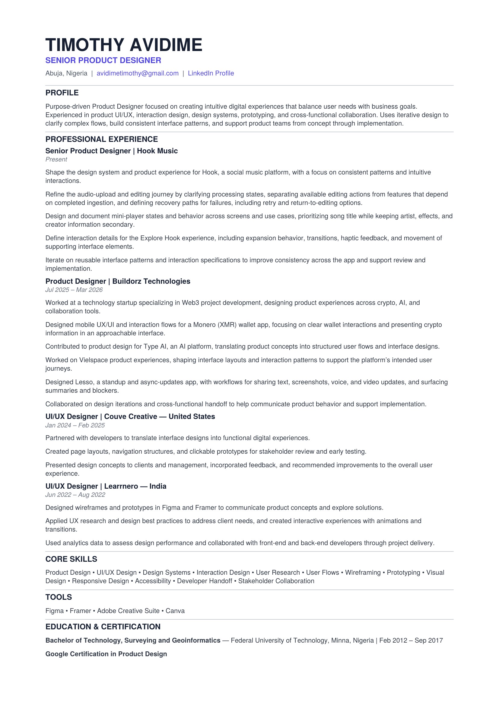 Resume of Timothy Avidime, Senior Product Designer: experience at Hook Music, Buildorz Technologies, Couve Creative and Learnero; core skills, tools and education.